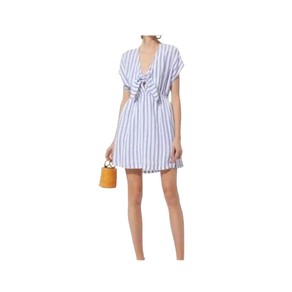 Rails Charlotte Dress Womens Medium Blue White Stripe Excellent Tie Front Linen